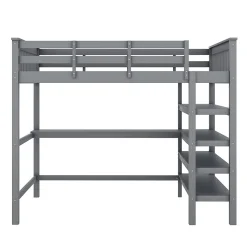 Lit superposé 140x200 cm avec bureau intégré et étagères en pin massif et MDF, finition grise, gain de place