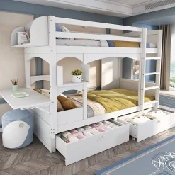 Lit superposé 90x200 cm avec bureau rabattable, 2 tiroirs et sommier à lattes, structure bois massif