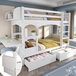 Lit superposé 90x200 cm avec bureau rabattable, 2 tiroirs et sommier à lattes, structure bois massif