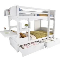 Lit superposé 90x200 cm avec bureau rabattable, 2 tiroirs et sommier à lattes, structure bois massif