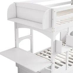 Lit superposé 90x200 cm avec bureau rabattable, 2 tiroirs et sommier à lattes, structure bois massif