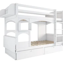 Lit superposé 90x200 cm avec bureau rabattable, 2 tiroirs et sommier à lattes, structure bois massif