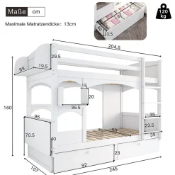 Lit superposé 90x200 cm avec bureau rabattable, 2 tiroirs et sommier à lattes, structure bois massif