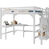 Lit superposé 140x200 cm avec bureau en L et escalier à rangement, structure pin et MDF, minimaliste blanc