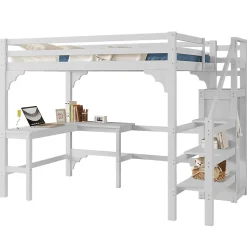 Lit superposé 140x200 cm avec bureau en L et escalier à rangement, structure pin et MDF, minimaliste blanc