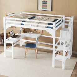 Lit superposé 140x200 cm avec bureau en L et escalier à rangement, structure pin et MDF, minimaliste blanc