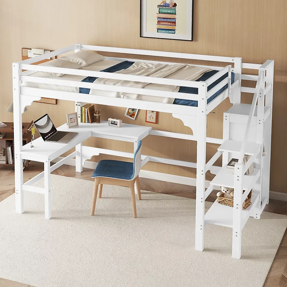 Lit superposé 140x200 cm avec bureau en L et escalier à rangement, structure pin et MDF, minimaliste blanc