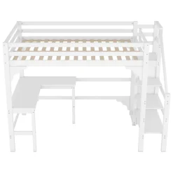 Lit superposé 140x200 cm avec bureau en L et escalier à rangement, structure pin et MDF, minimaliste blanc