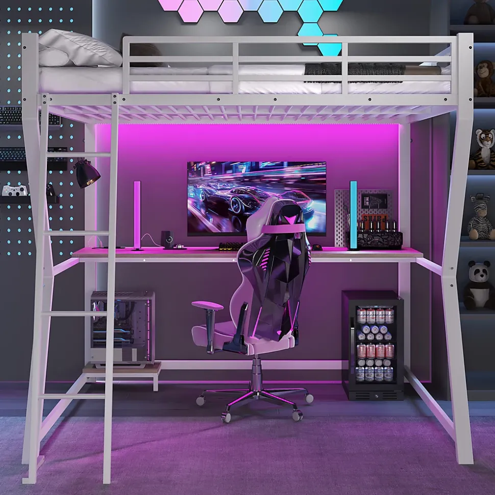 Lit superposé 140x200 cm avec bureau intégré, étagère ordinateur et bande LED, structure métal et MDF, blanc