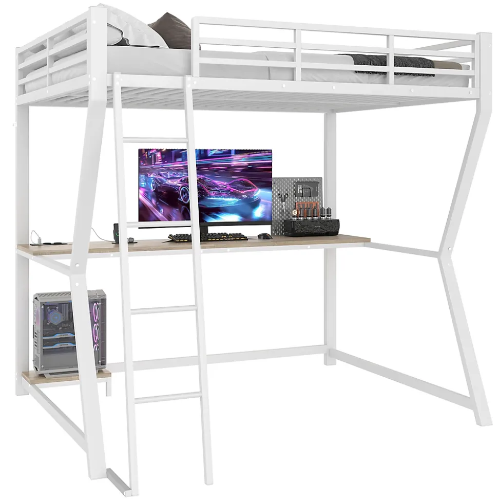 Lit superposé 140x200 cm avec bureau intégré, étagère ordinateur et bande LED, structure métal et MDF, blanc