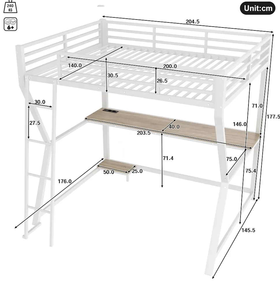 Lit superposé 140x200 cm avec bureau intégré, étagère ordinateur et bande LED, structure métal et MDF, blanc