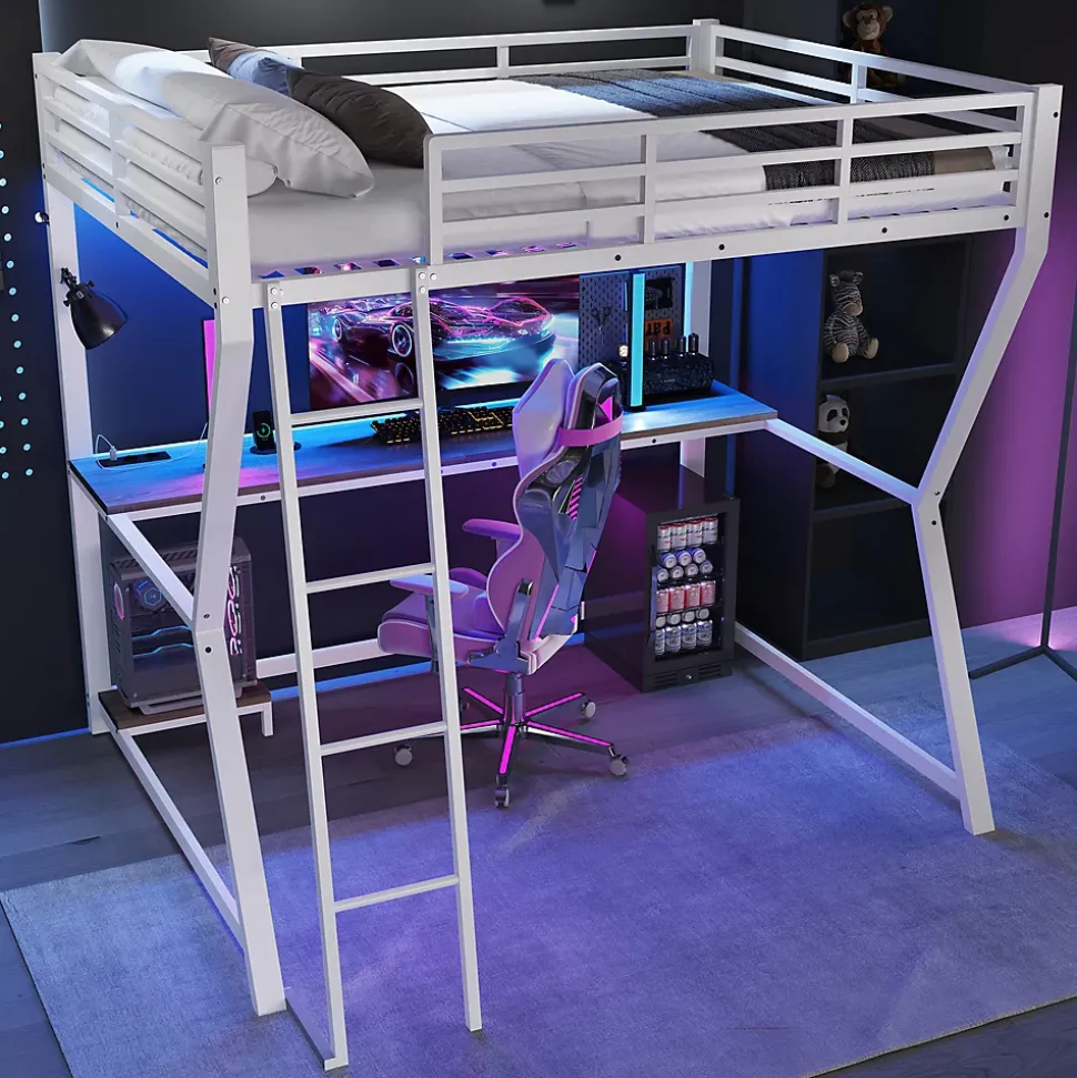 Lit superposé 140x200 cm avec bureau intégré, étagère ordinateur et bande LED, structure métal et MDF, blanc