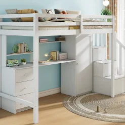 Lit superposé 90x200 cm avec bureau intégré, armoire et tiroirs en bois massif blanc