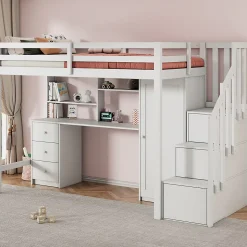 Lit superposé 90x200 cm avec bureau intégré, armoire et tiroirs en bois massif blanc