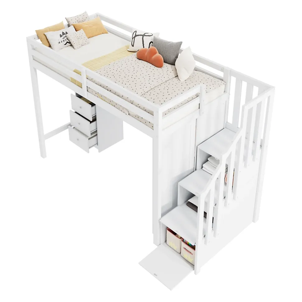 Lit superposé 90x200 cm avec bureau intégré, armoire et tiroirs en bois massif blanc