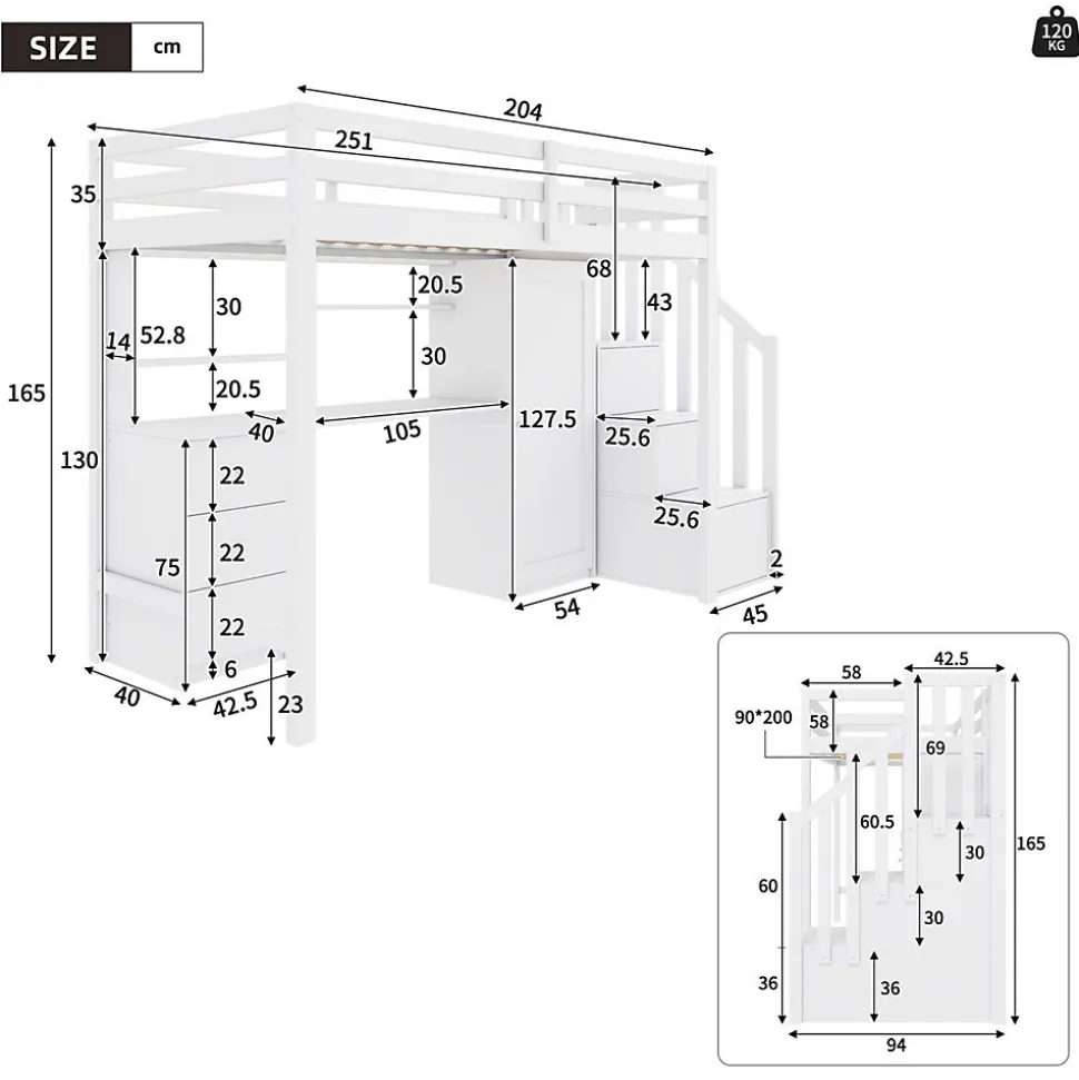 Lit superposé 90x200 cm avec bureau intégré, armoire et tiroirs en bois massif blanc