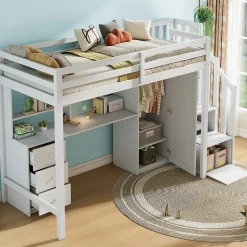 Lit superposé 90x200 cm avec bureau intégré, armoire et tiroirs en bois massif blanc