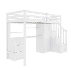 Lit superposé 90x200 cm avec bureau intégré, armoire et tiroirs en bois massif blanc