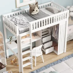 Lit superposé 90x200 cm avec bureau intégré et armoire, structure en pin et MDF, finition blanche
