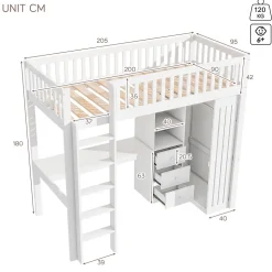 Lit superposé 90x200 cm avec bureau intégré et armoire, structure en pin et MDF, finition blanche