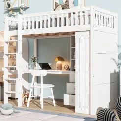 Lit superposé 90x200 cm avec bureau intégré et armoire, structure en pin et MDF, finition blanche