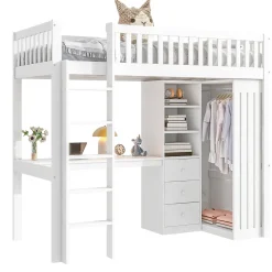 Lit superposé 90x200 cm avec bureau intégré et armoire, structure en pin et MDF, finition blanche