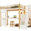 Lit superposé 90x200 cm avec bureau intégré, éclairage LED et échelle à rangements, blanc et bois naturel