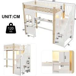 Lit superposé 90x200 cm avec bureau intégré, éclairage LED et échelle à rangements, blanc et bois naturel