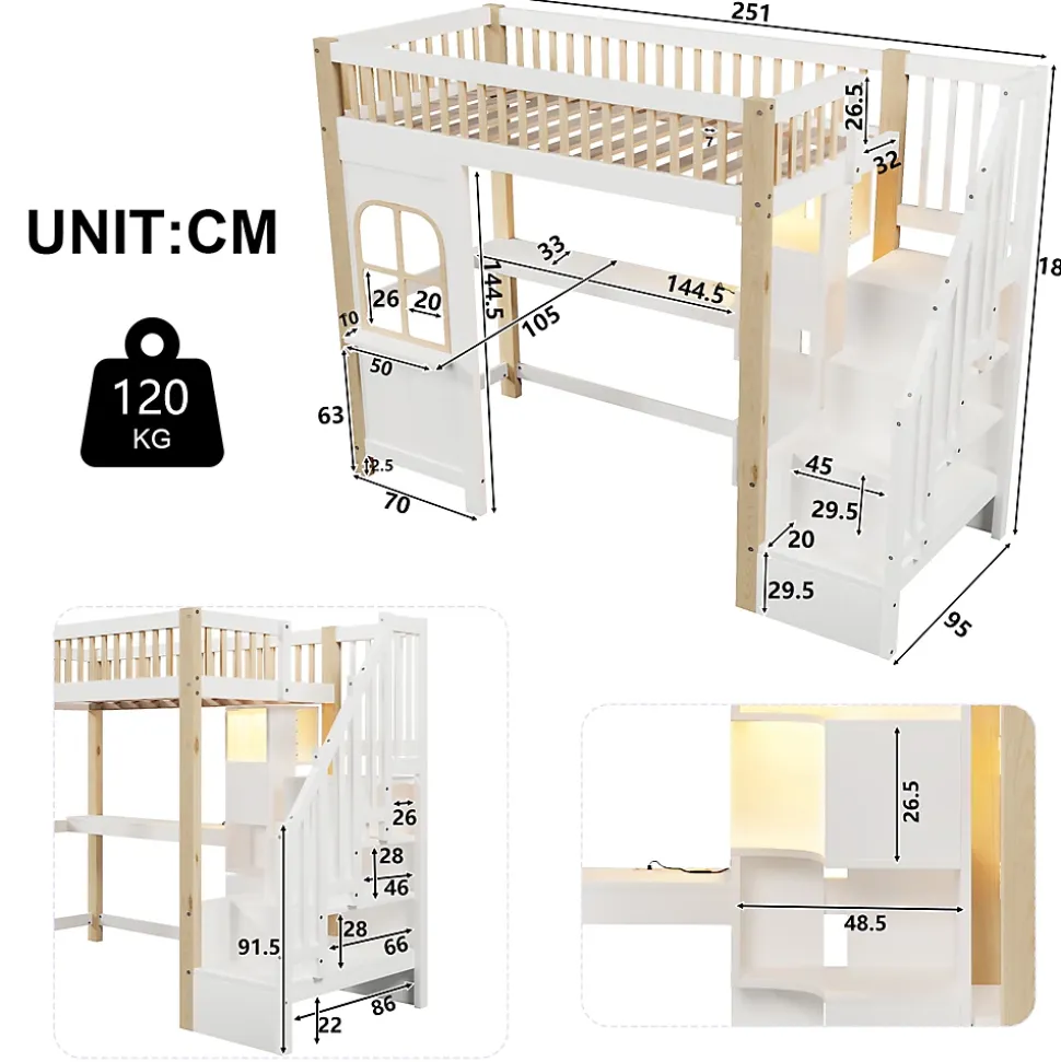 Lit superposé 90x200 cm avec bureau intégré, éclairage LED et échelle à rangements, blanc et bois naturel