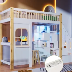 Lit superposé 90x200 cm avec bureau intégré, éclairage LED et échelle à rangements, blanc et bois naturel