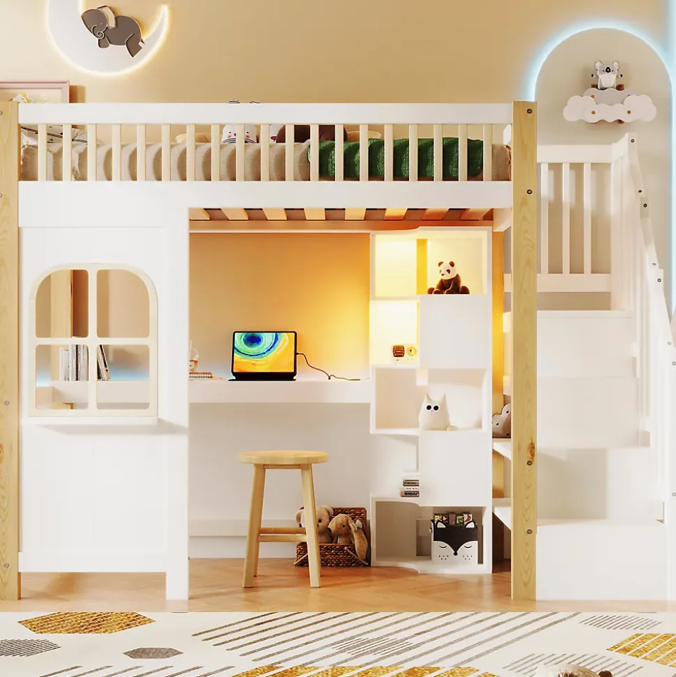 Lit superposé 90x200 cm avec bureau intégré, éclairage LED et échelle à rangements, blanc et bois naturel