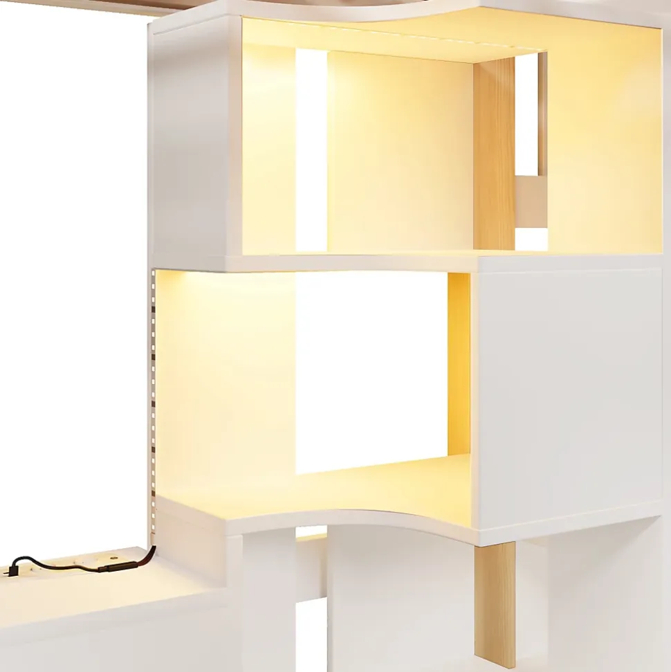 Lit superposé 90x200 cm avec bureau intégré, éclairage LED et échelle à rangements, blanc et bois naturel