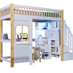 Lit superposé 90x200 cm avec bureau intégré, éclairage LED et échelle à rangements, blanc et bois naturel