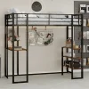 Lit superposé 90x190 cm avec bureau intégré et échelle bilatérale, structure métal noire gain de place