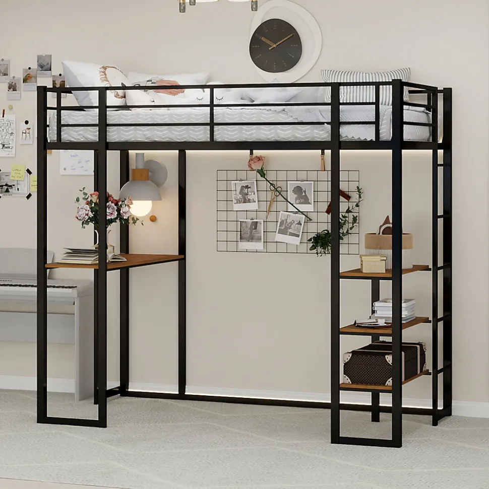 Lit superposé 90x190 cm avec bureau intégré et échelle bilatérale, structure métal noire gain de place