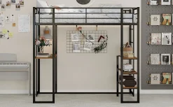 Lit superposé 90x190 cm avec bureau intégré et échelle bilatérale, structure métal noire gain de place