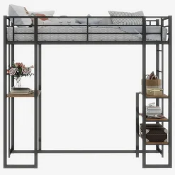 Lit superposé 90x190 cm avec bureau intégré et échelle bilatérale, structure métal noire gain de place