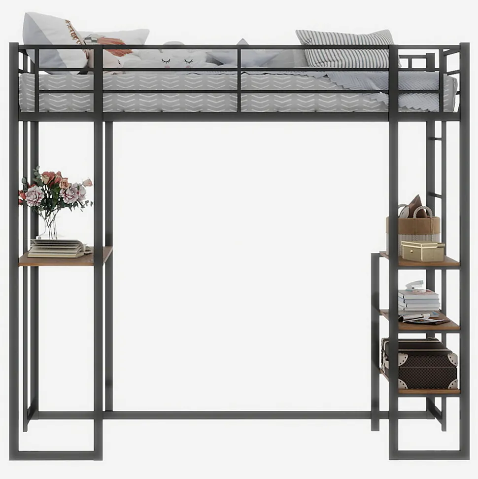 Lit superposé 90x190 cm avec bureau intégré et échelle bilatérale, structure métal noire gain de place