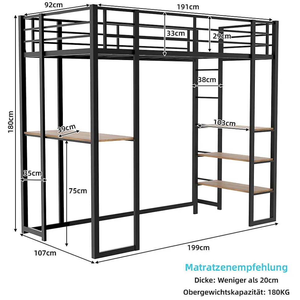Lit superposé 90x190 cm avec bureau intégré et échelle bilatérale, structure métal noire gain de place
