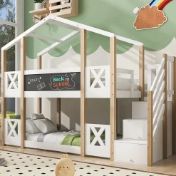 Lit superposé 90x200 cm avec échelle-rangement et tableau 110x26 cm, structure pin massif et panneaux en blanc/naturel
