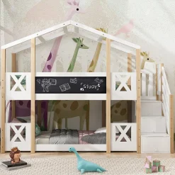 Lit superposé 90x200 cm avec échelle-rangement et tableau 110x26 cm, structure pin massif et panneaux en blanc/naturel