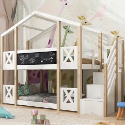 Lit superposé 90x200 cm avec échelle-rangement et tableau 110x26 cm, structure pin massif et panneaux en blanc/naturel