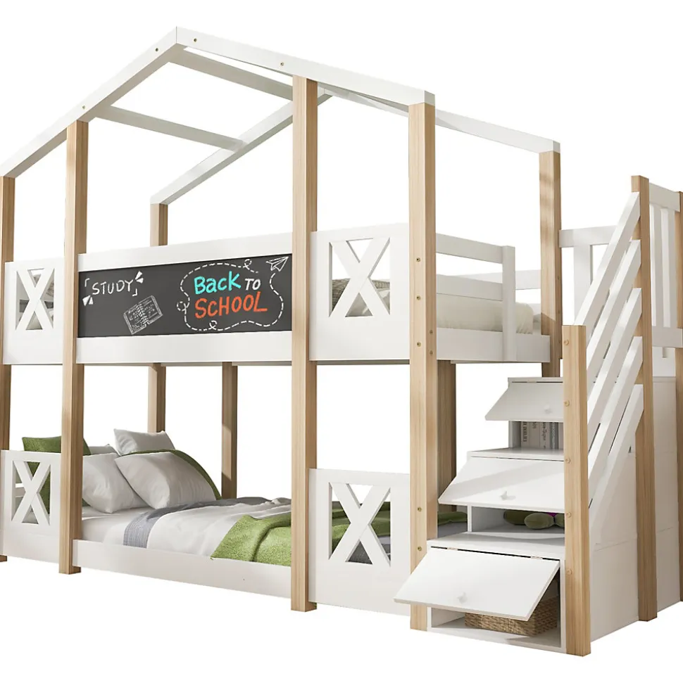 Lit superposé 90x200 cm avec échelle-rangement et tableau 110x26 cm, structure pin massif et panneaux en blanc/naturel