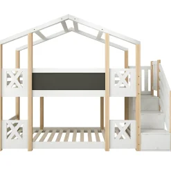 Lit superposé 90x200 cm avec échelle-rangement et tableau 110x26 cm, structure pin massif et panneaux en blanc/naturel