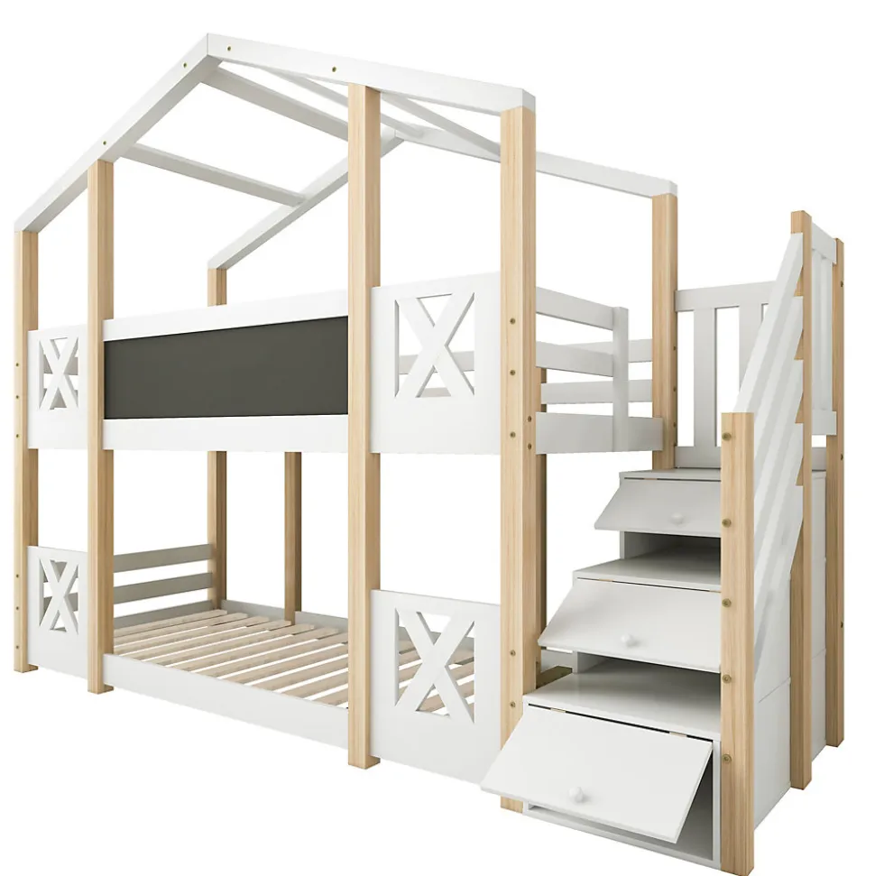 Lit superposé 90x200 cm avec échelle-rangement et tableau 110x26 cm, structure pin massif et panneaux en blanc/naturel