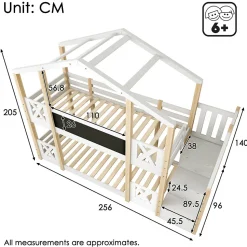 Lit superposé 90x200 cm avec échelle-rangement et tableau 110x26 cm, structure pin massif et panneaux en blanc/naturel