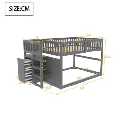 Lit superposé 140x200 cm avec échelle sécurisée et 4 tiroirs de rangement, structure bois gris