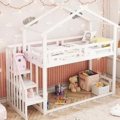 Lit superposé 90x200 cm avec échelle de sécurité et grand rangement, structure en bois massif blanc