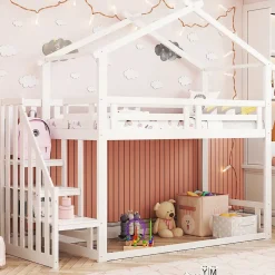 Lit superposé 90x200 cm avec échelle de sécurité et grand rangement, structure en bois massif blanc