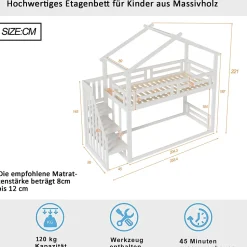 Lit superposé 90x200 cm avec échelle de sécurité et grand rangement, structure en bois massif blanc